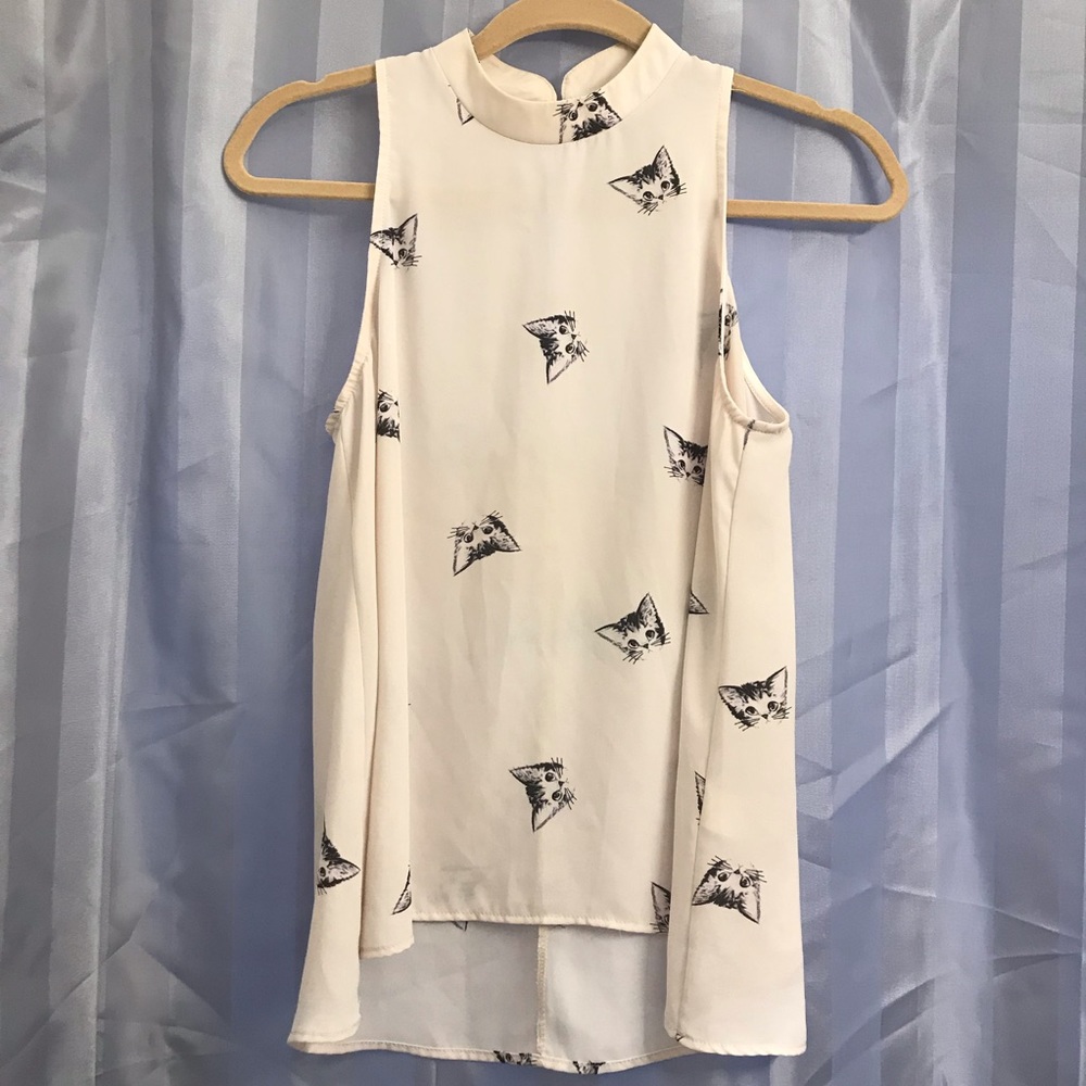 High Neck Sleeveless Top in Kitten Print Size Sm